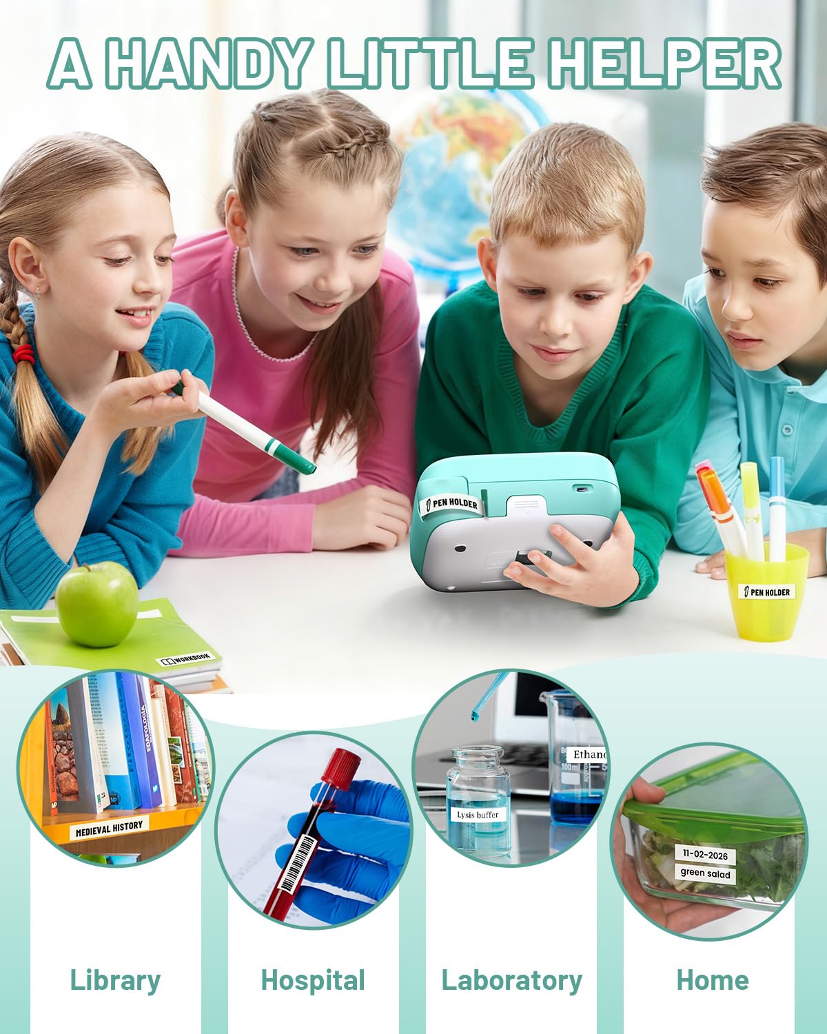EazeID D210S Label Maker Machine with-Tape for Kids School Supplies, Green