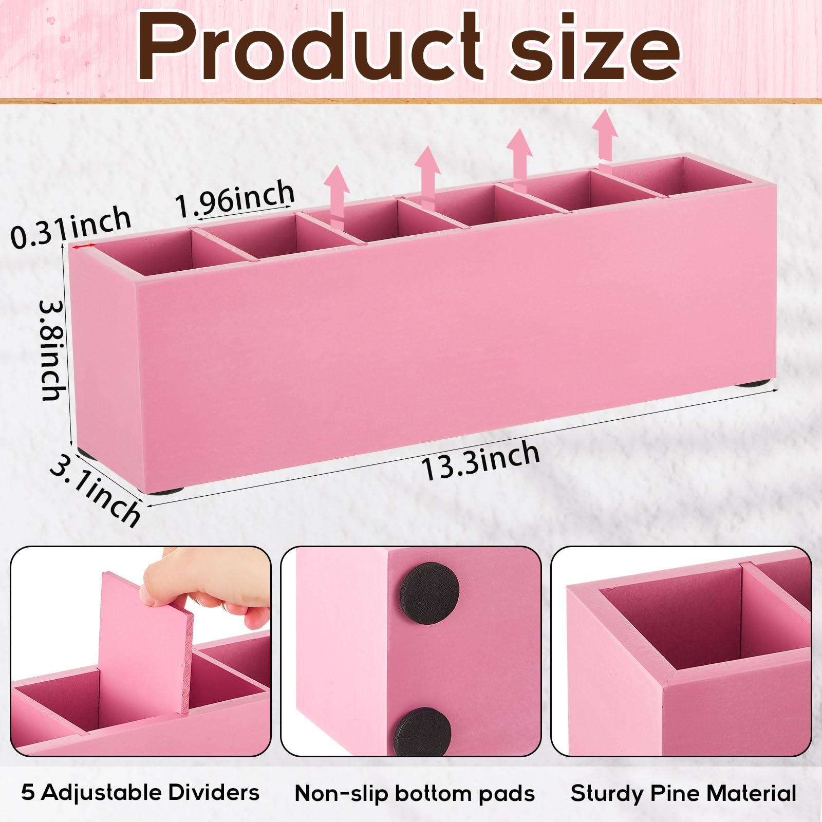 Jetec Wooden Pencil Pen Holder for Desk, Pink, 6 Compartments