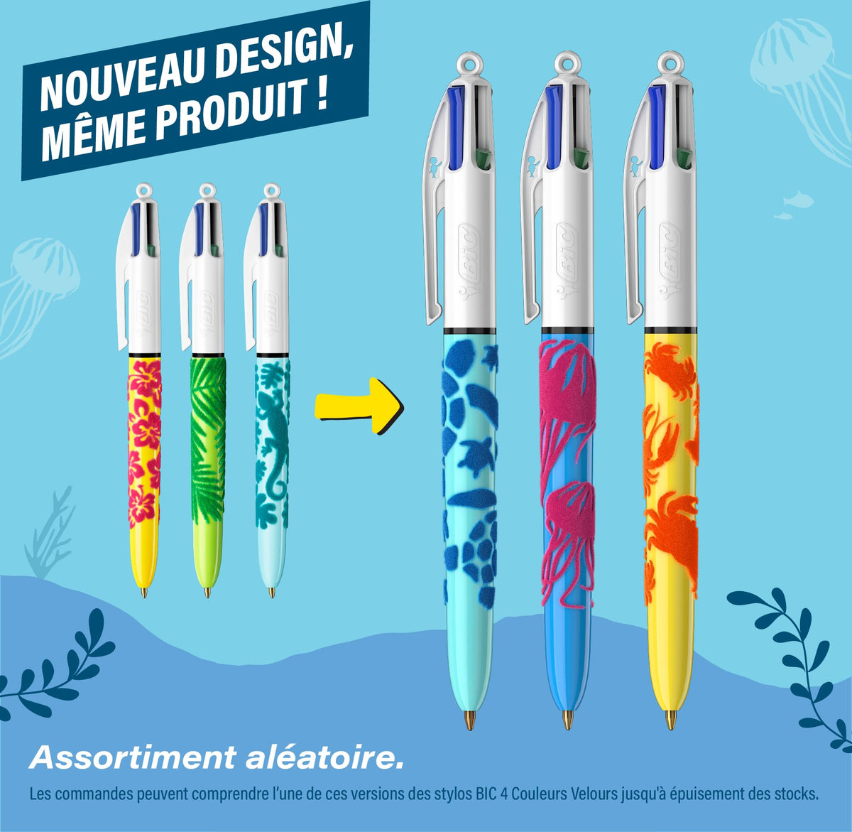 BIC 4 Colours Velours Ball Pens Medium Point (1.0 mm) - Assorted Barrel Designs, Pack of 3, Black