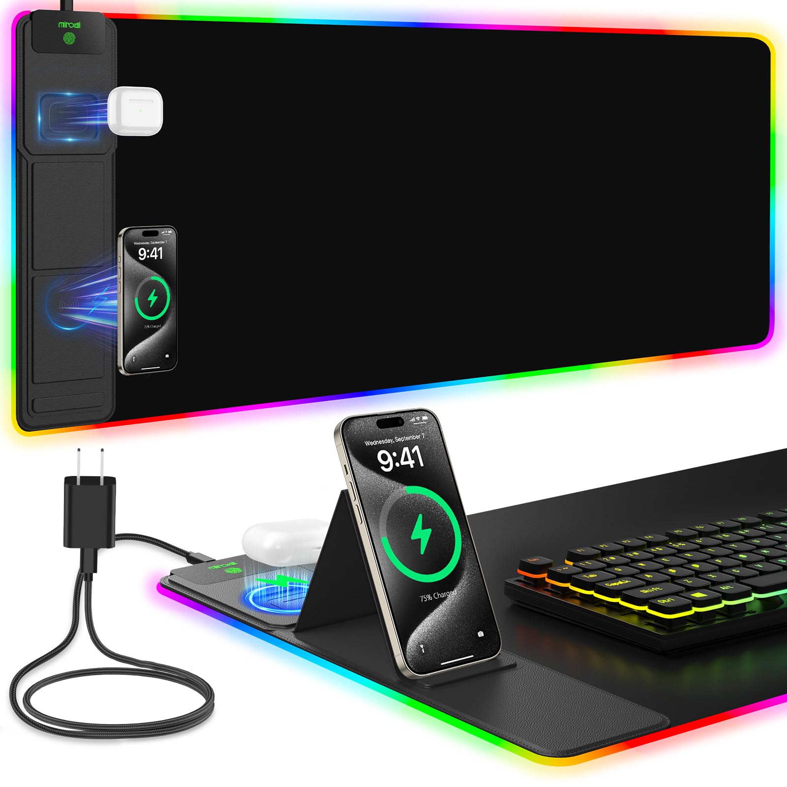 Mouse Pad with Foldable Phone Holder & Wireless Charger, XXL RGB Gaming Mousepad 31.5"x15.8" Large
