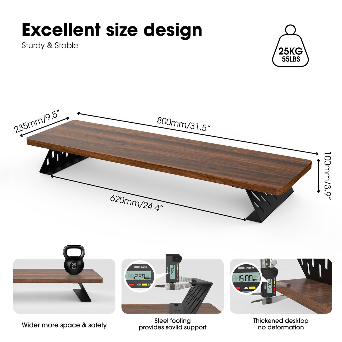 Fenge Monitor Stand Riser, Wooden & Metal Desk Shelf Organizer, Brown