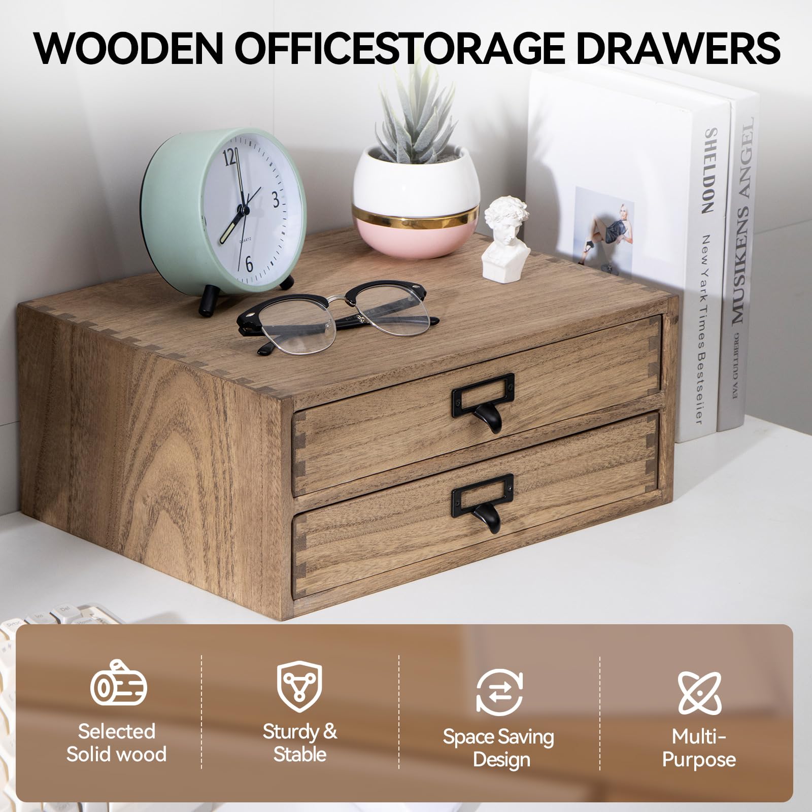KIRIGEN Solid Wood Desk Organizer with 2 Drawers, Desktop Storage, Brown