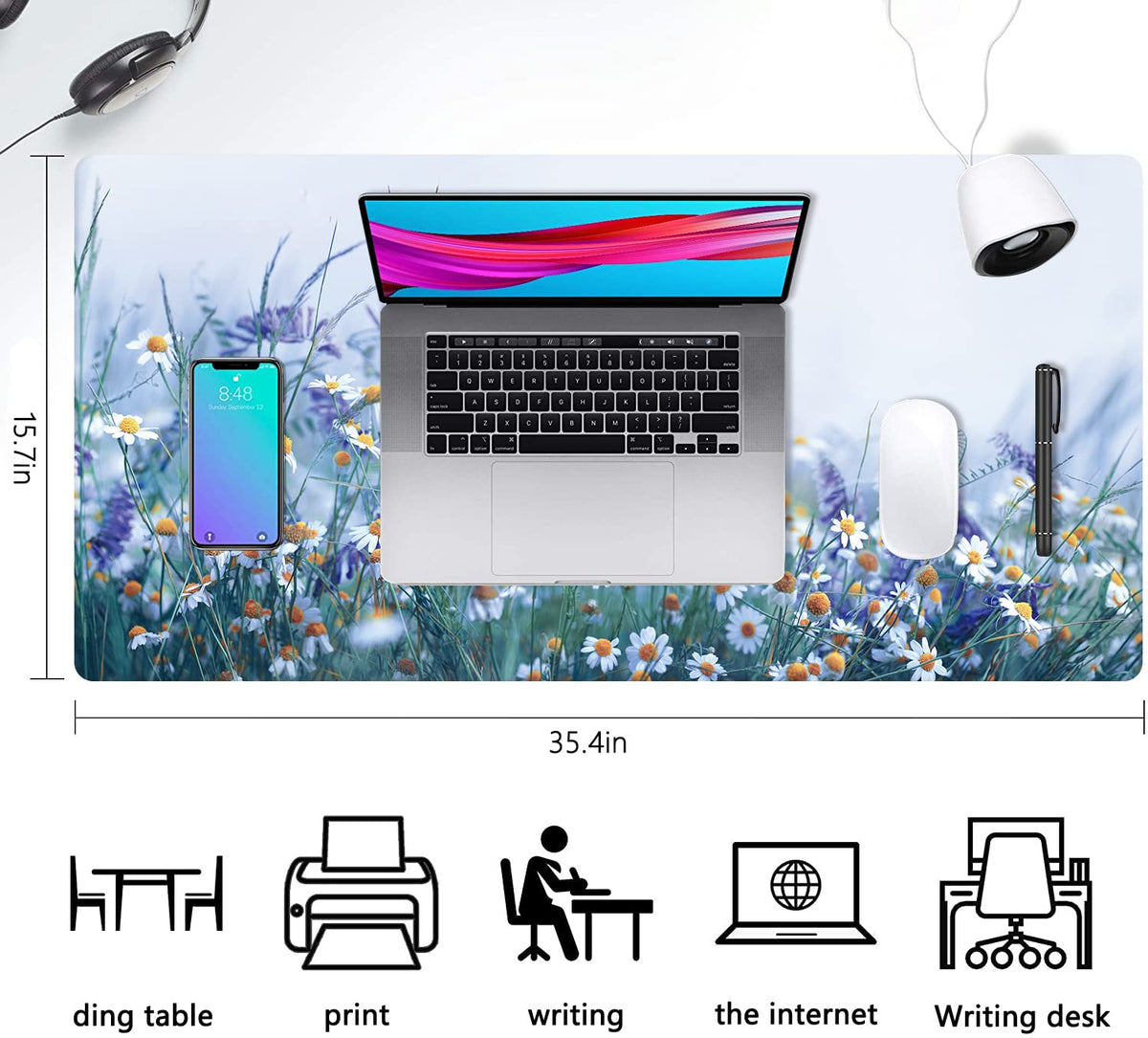 Extended Large Gaming Mouse Pad Wildflowers Chamomile and Butterflies XXL Size Keyboard Mouse Mat