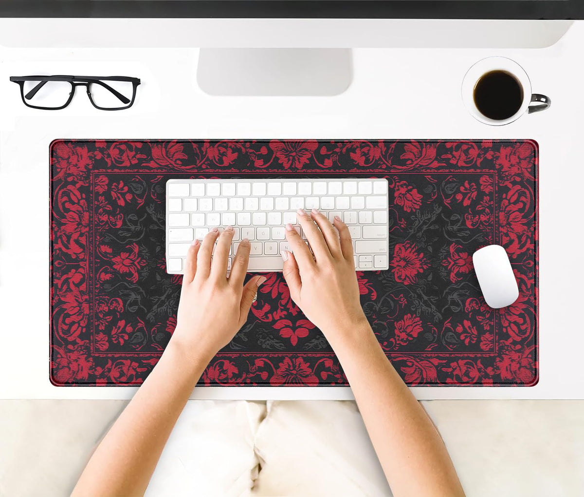 Victorian Gothic Floral Desk Mat Black Red Baroque Desk Pad Dark Academia XXL Large Mouse Pad