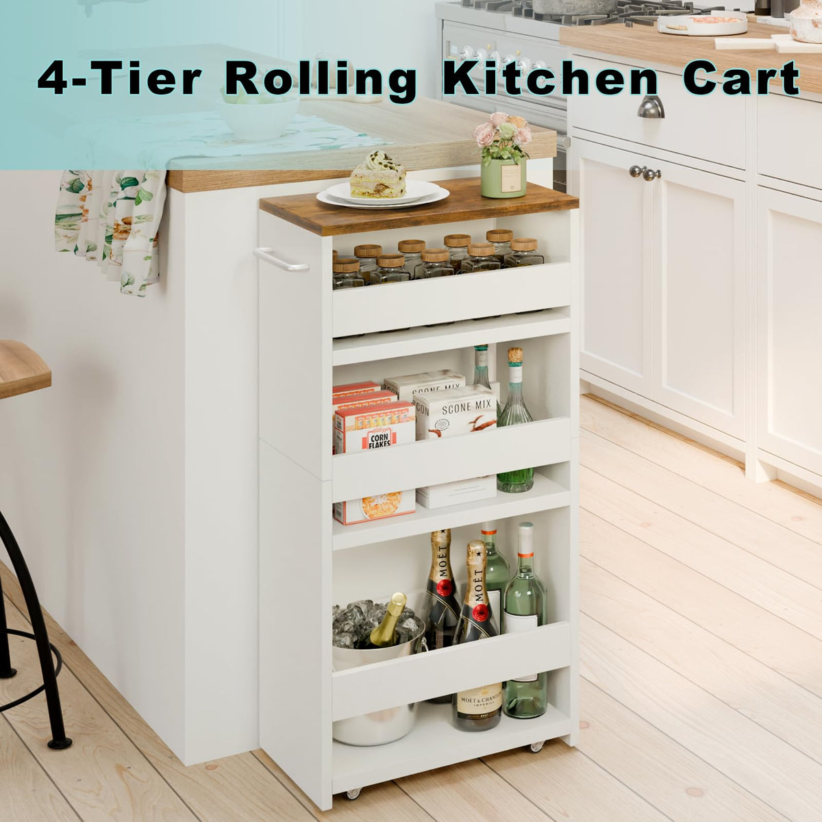 MARTY Slim Rolling Storage Cart 7.9" W Laundry Cart with Wheels,Brown+White