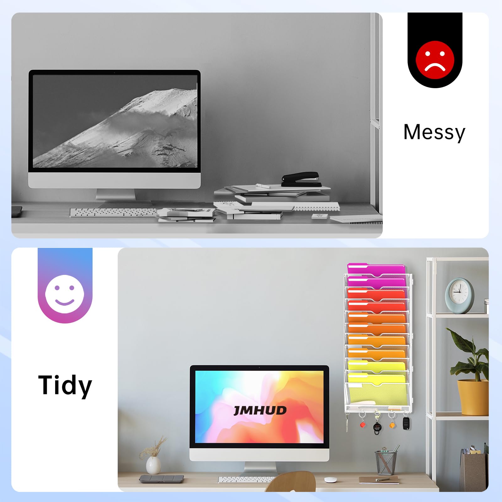 11-Tier Wall File Organizer with Base and Hooks, Hanging Organizer, White