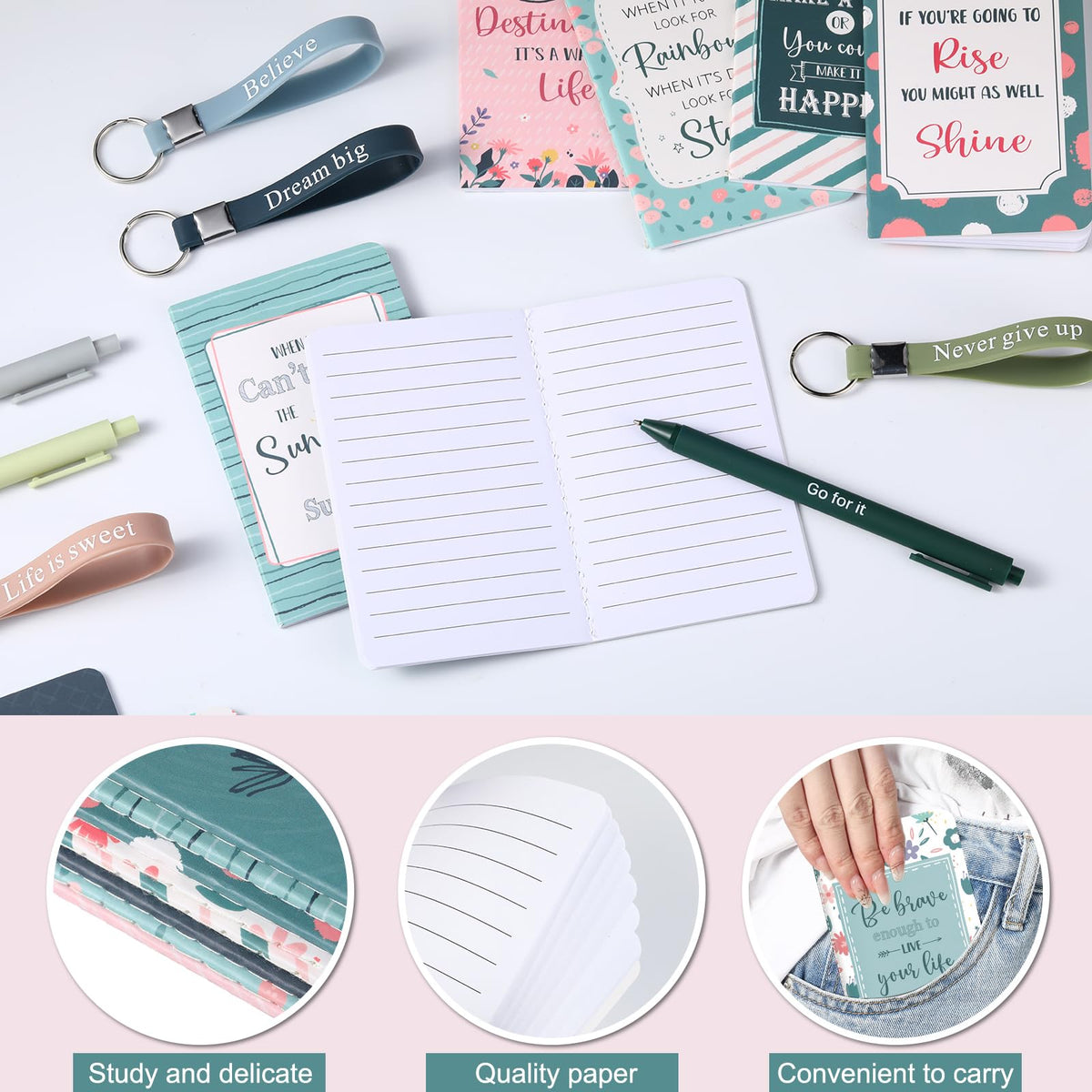 PerKoop 48 Pcs Inspirational Gifts Bulk Notepads Pens Keychain Set, Classic