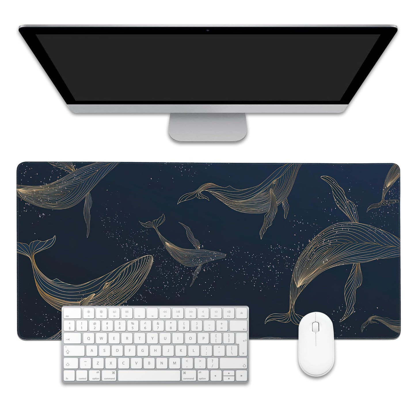 EOBKLAX Whales in Gold Line Desk Mat,Large Gaming Mouse Pad,Non-Slip Rubber Base Desk Pad with