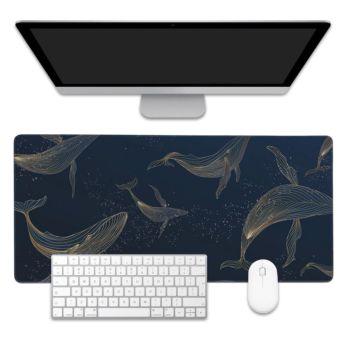 EOBKLAX Whales in Gold Line Desk Mat,Large Gaming Mouse Pad,Non-Slip Rubber Base Desk Pad with
