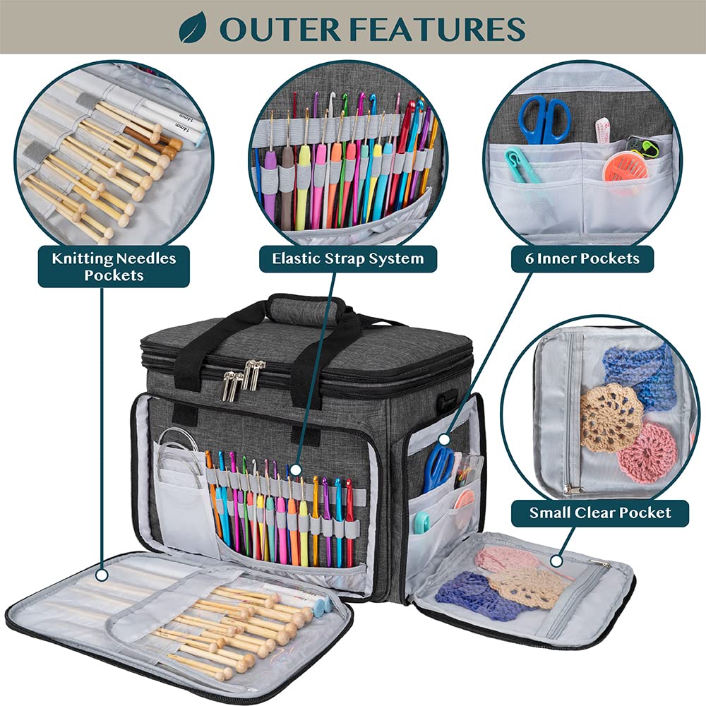 PAVILIA Knitting Yarn Storage Bag Crochet Organizer for Knitter, Dark Grey