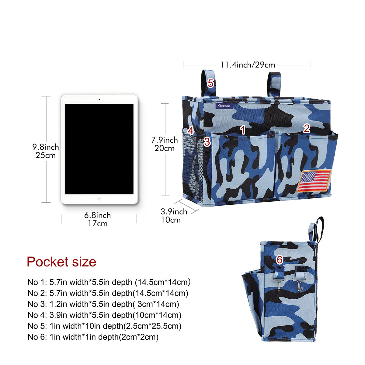Surblue Bedside Caddy Hanging Bed Organizer Storage Bag Pocket for Bunk and Hospital Beds, College