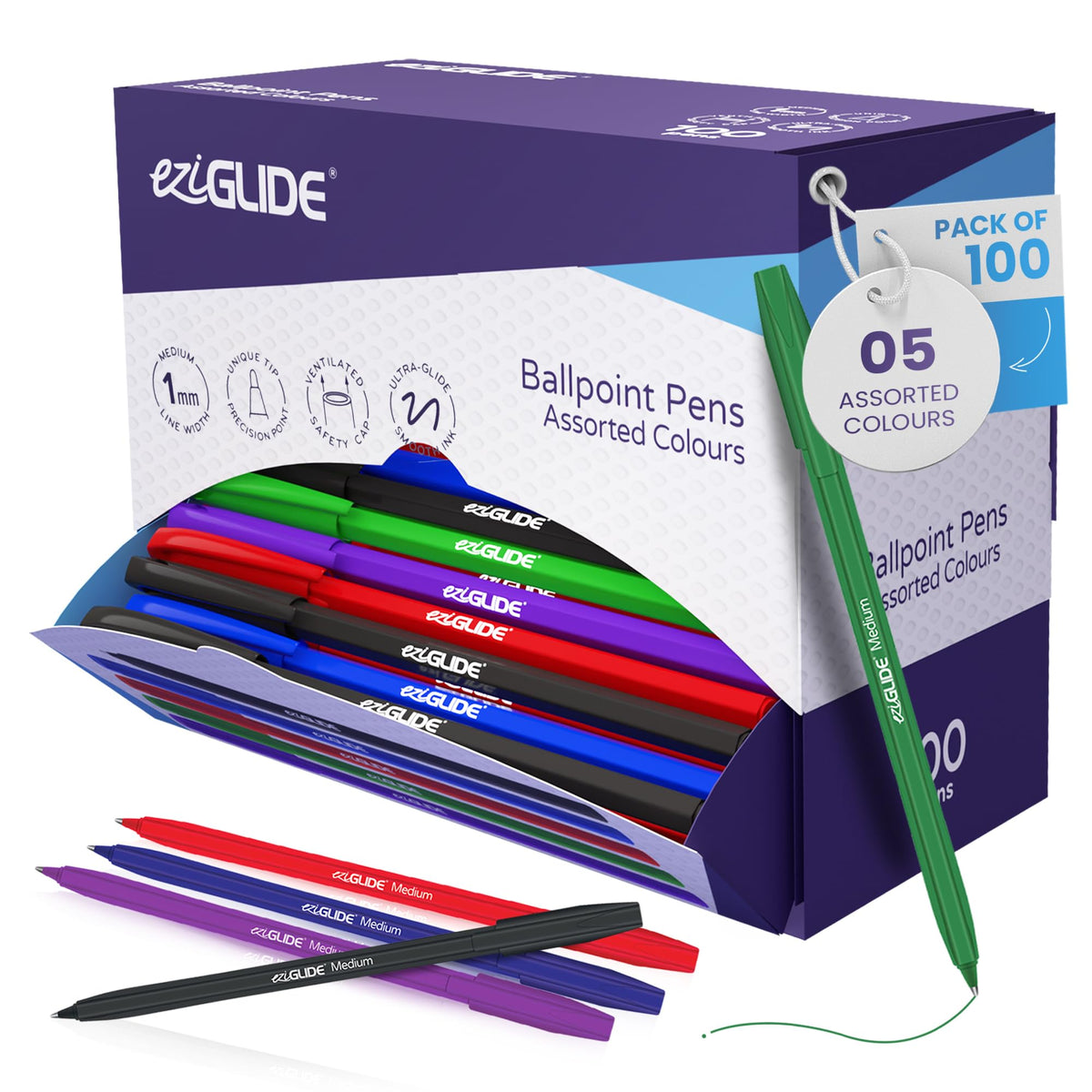 Eziglide 100-Pack Ballpoint Pens, 5 Assorted Colours, (1.0mm) Medium Point