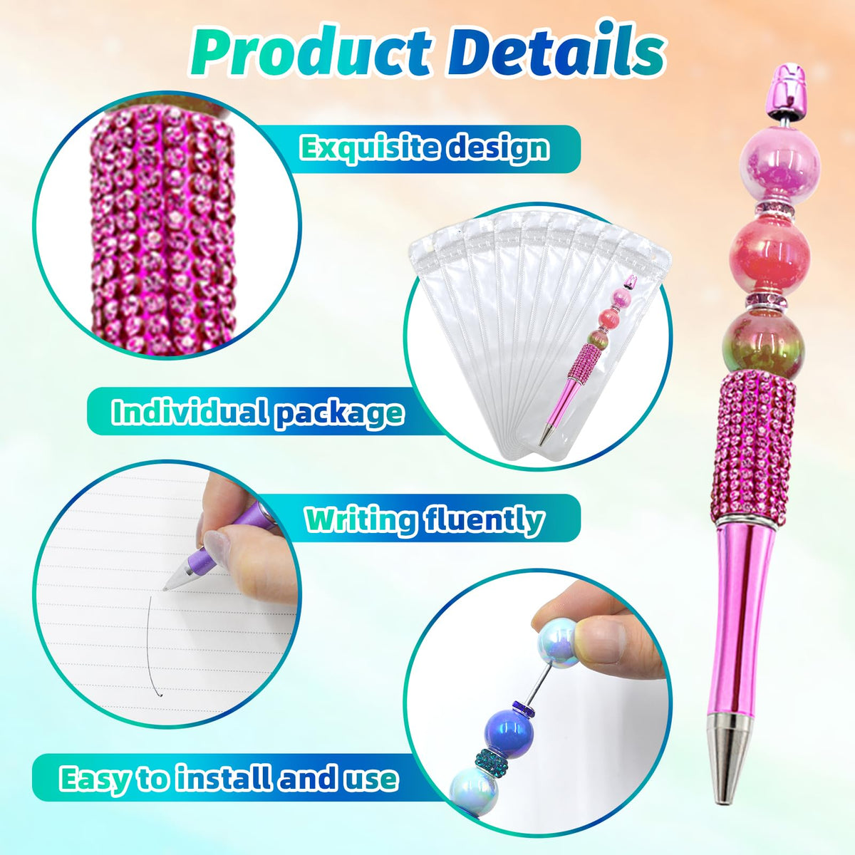 DASTTUIS 150 Pcs DIY Diamond Beadable Pen Kit - 50 Plastic Rhinestone Beaded Pens Bulk with Refills