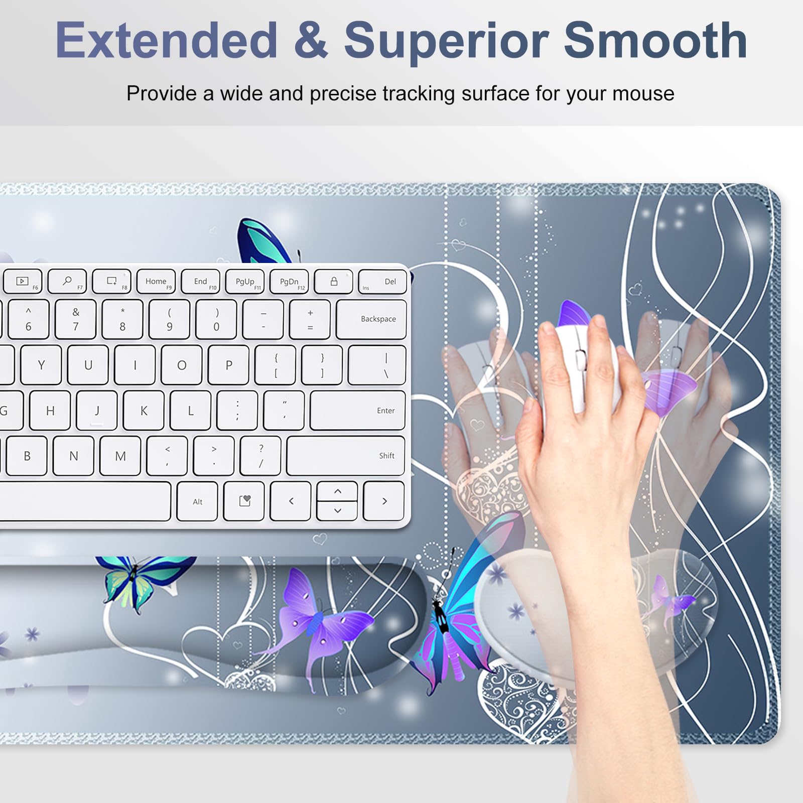 Cute Butterfly Desk Mat, Florals 4 in1 Large Gaming Mouse Pad Set, Ergonomics Keyboard Pad with