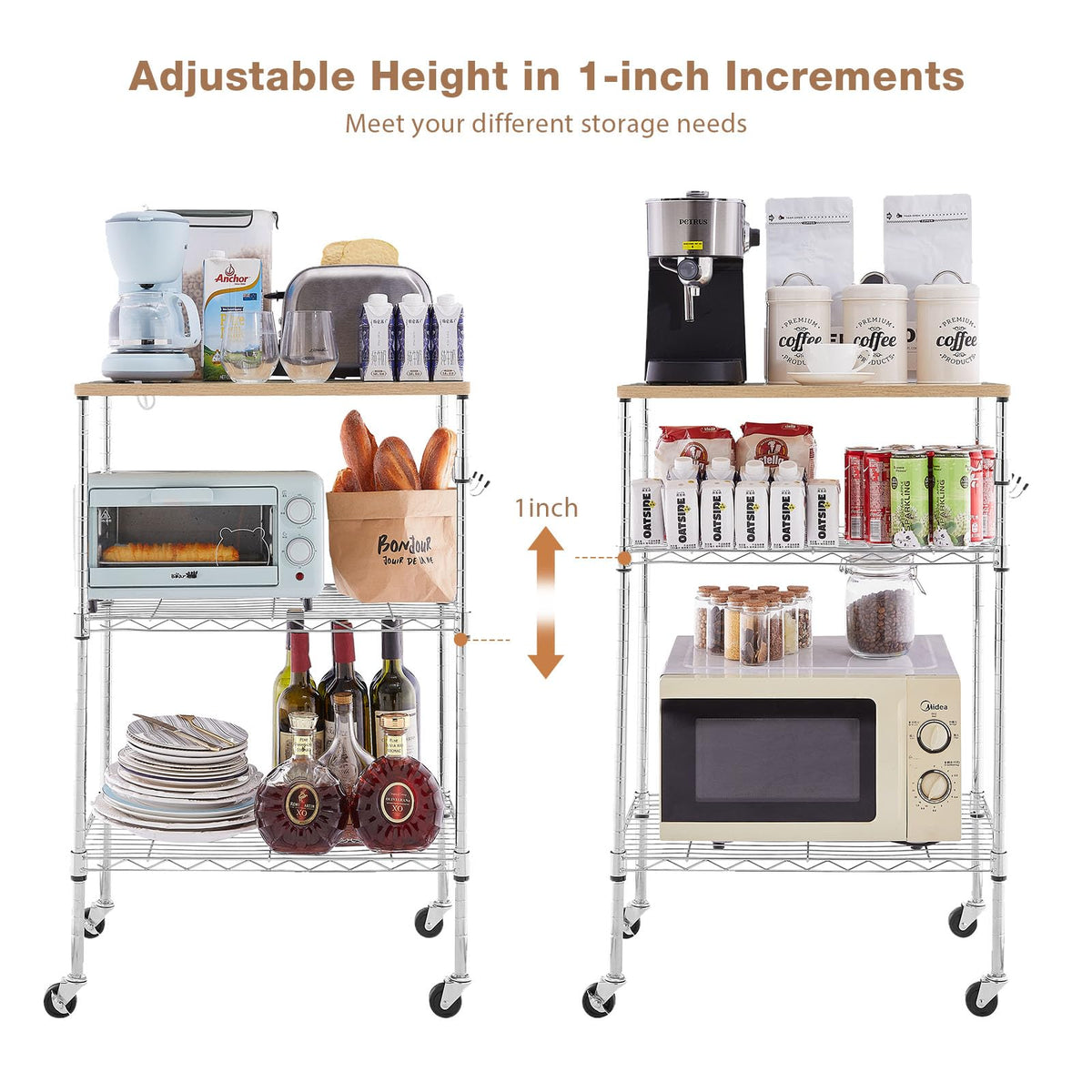 BolDuck 450Lbs Capacity Microwave Cart with Wheels, 3 Tier Rolling Cart with Adjustable Shelves