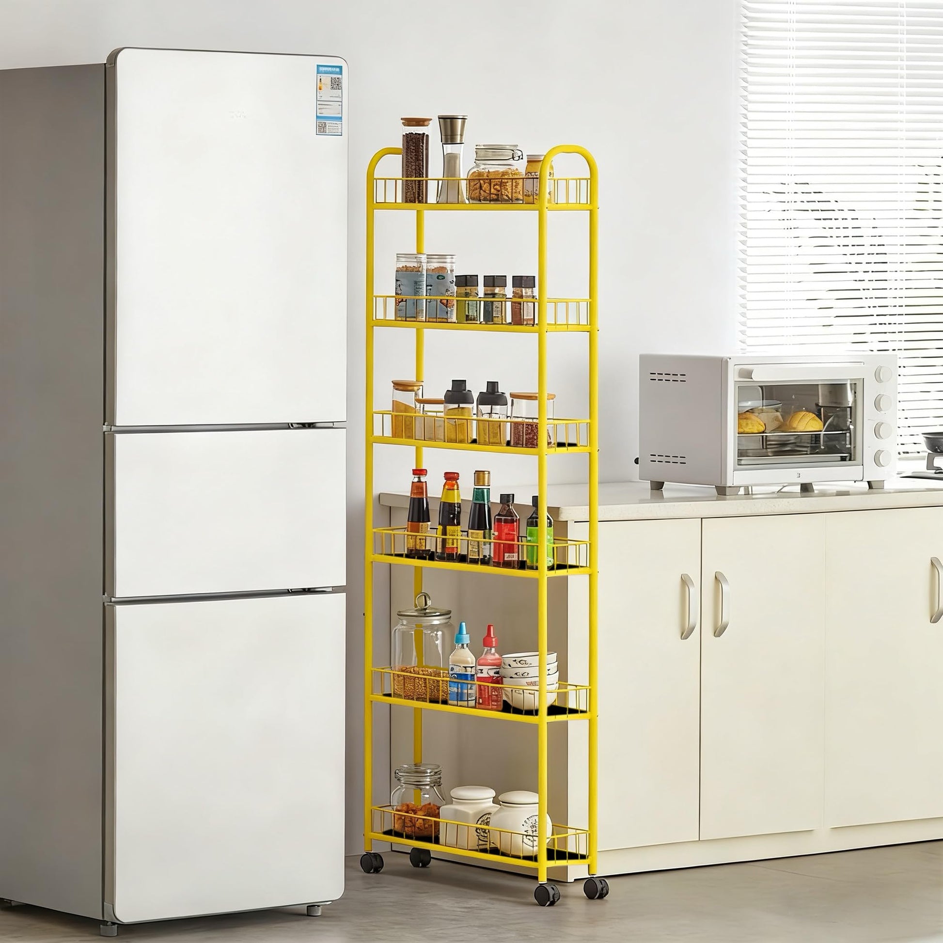 RUOZTEOO 6-Tier Slim Storage Cart with Wheels, Metal 6in Narrow Rolling Shelf, Sturdy Slim Storage