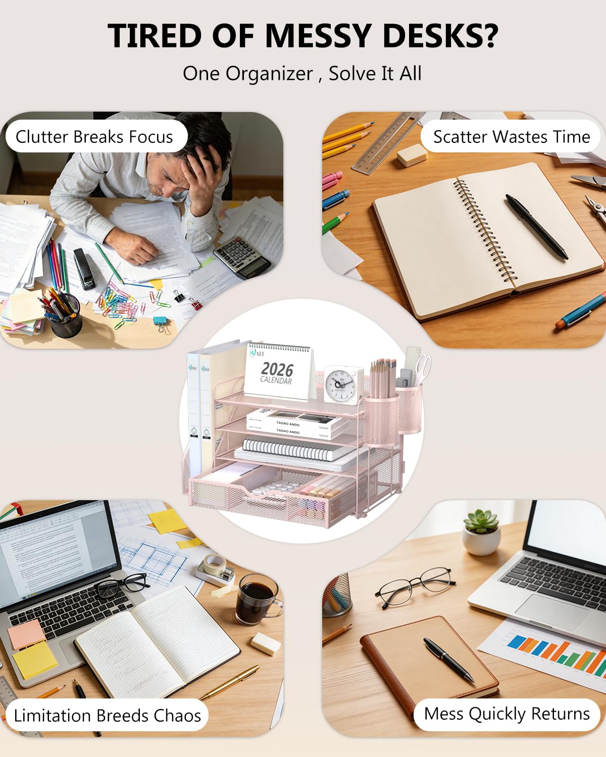 WALI Desk File Organizer, 4 Tier Desktop Paper Letter Tray Organizer with Drawer and 2 Pen Holders