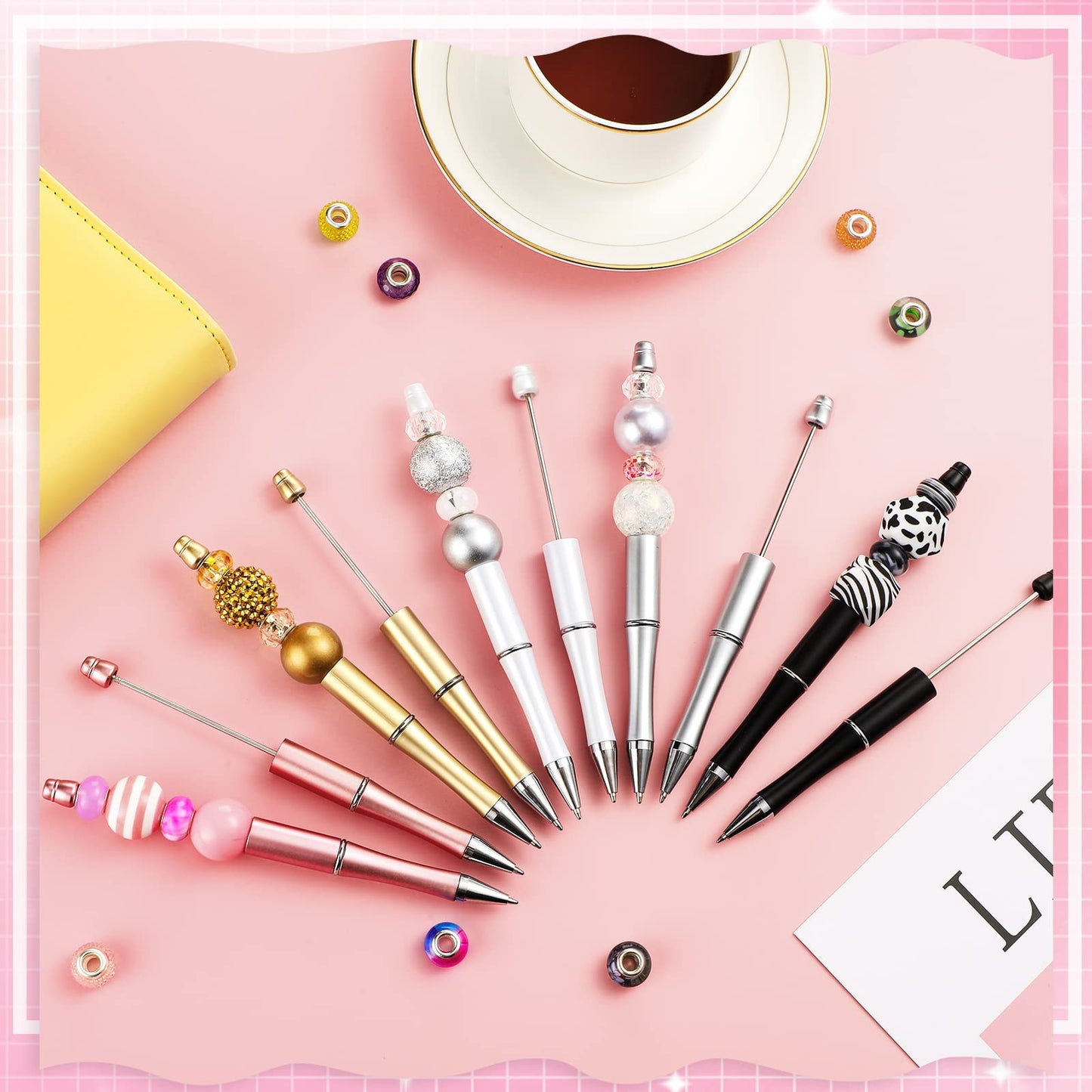 Crtiin 100 Pcs Beadable Pen School DIY Kit,Black Gold