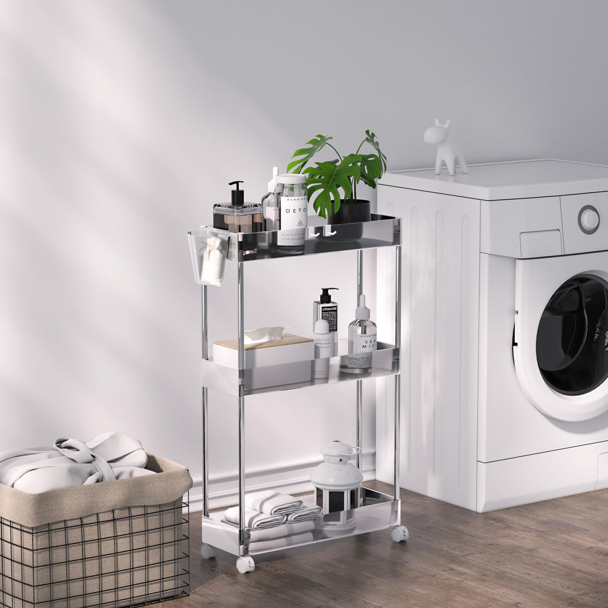 VECELO 3-Tier Acrylic Rolling Cart, Utility Cart for Kitchen Storage, Mobile Shelves Slide-Out