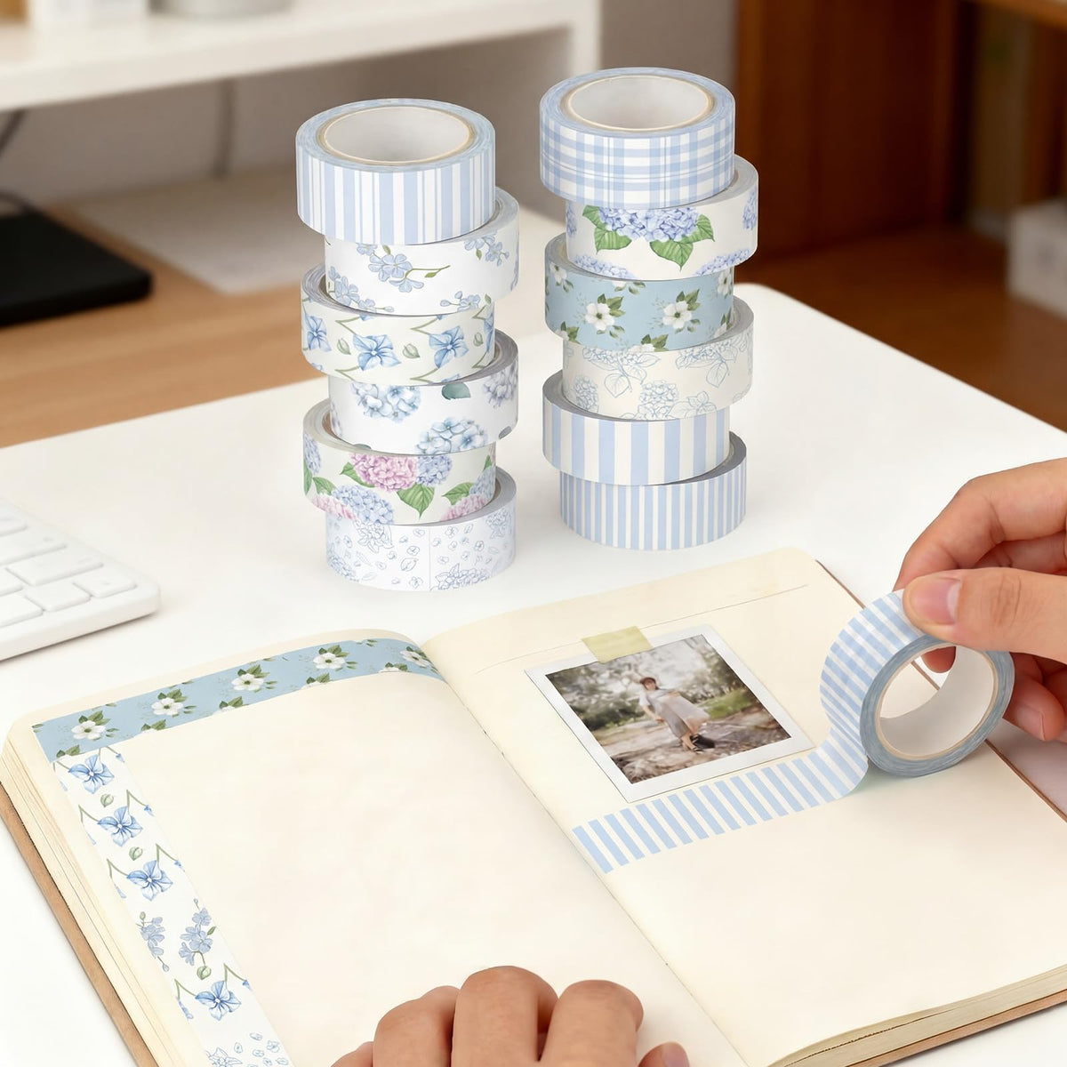 YooNotee 12 Rolls Floral Washi Tape Set,Light Blue,Hydrangea