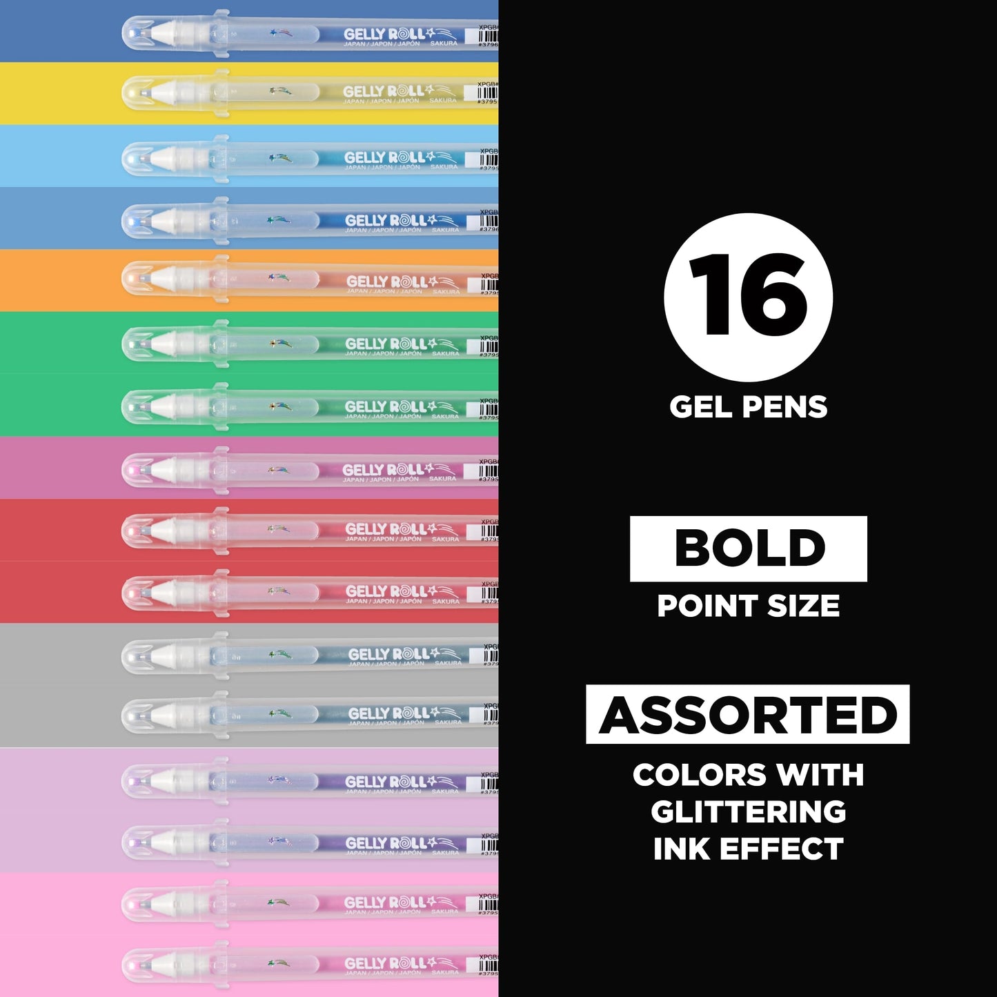 Sakura Gelly Roll Stardust Glitter Gel Pens, Assorted, Bold Line, 16 Pack