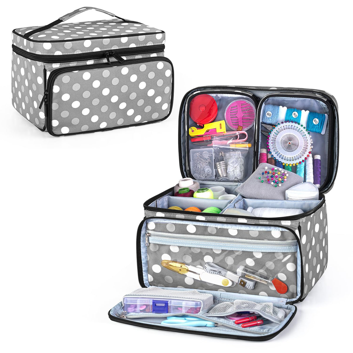 Luxja Sewing Storage Organizer with 2 Detachable Clear Pockets, Polka Dots