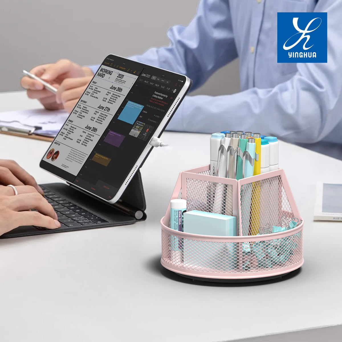 YINGHUA 360°Rotating Mesh Desk Organizer & Pen Holder - Pink