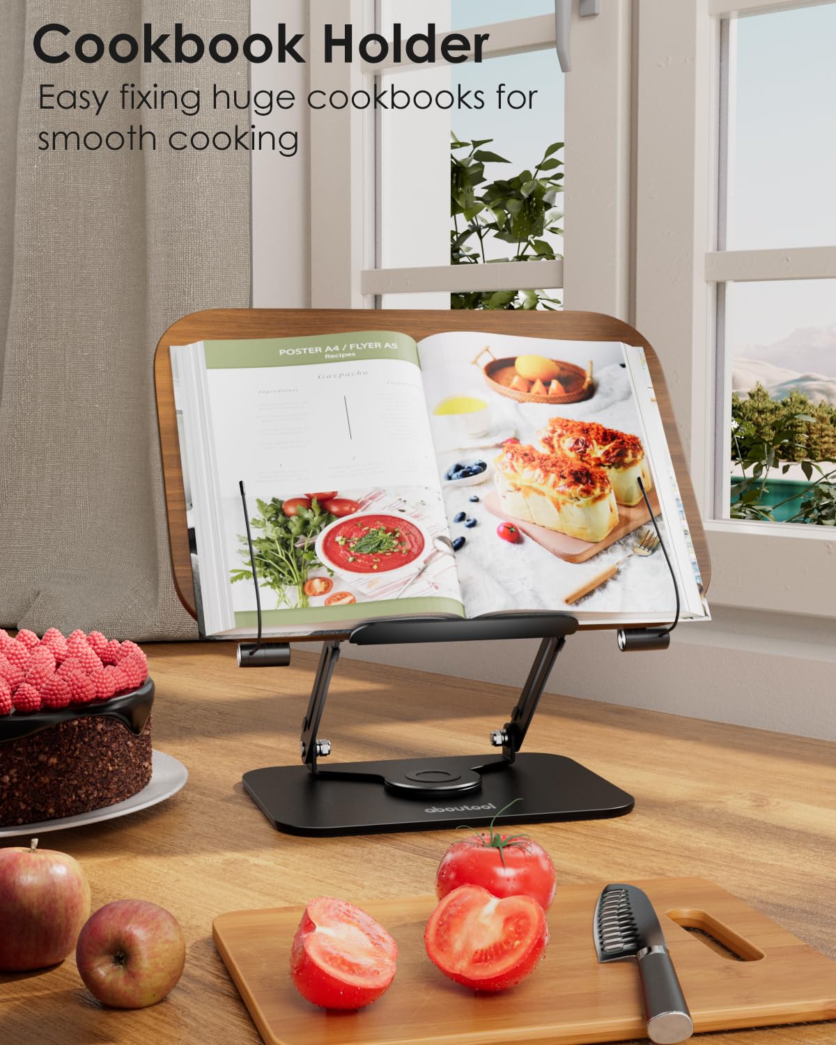 Book Stand for Reading, Aboutool Adjustable Book Holder with 360° Swivel Base & Page Clips