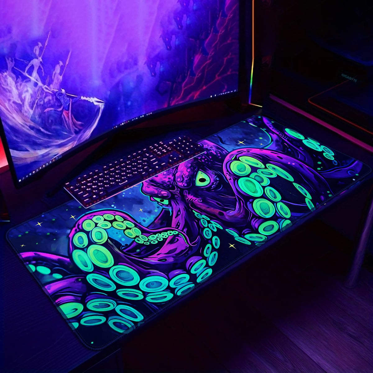 Simpkeely Blacklight Octopus Gaming Mouse Pad – UV Reactive Kraken Tentacles Desk Mat, Neon Glow in