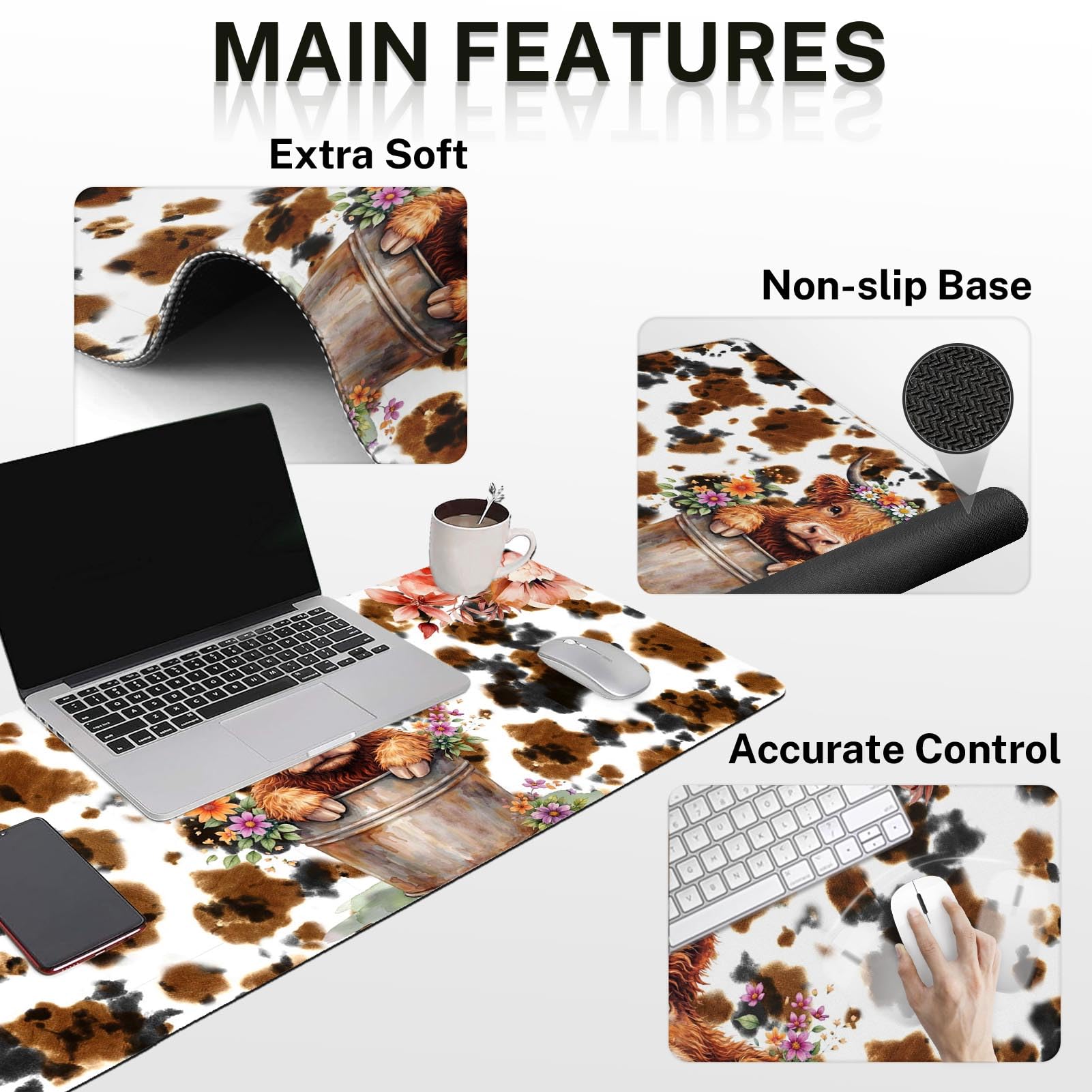 Arttown Keyboard Mouse Pad Set, 4 in 1 Desk Mat Set Highland Cow