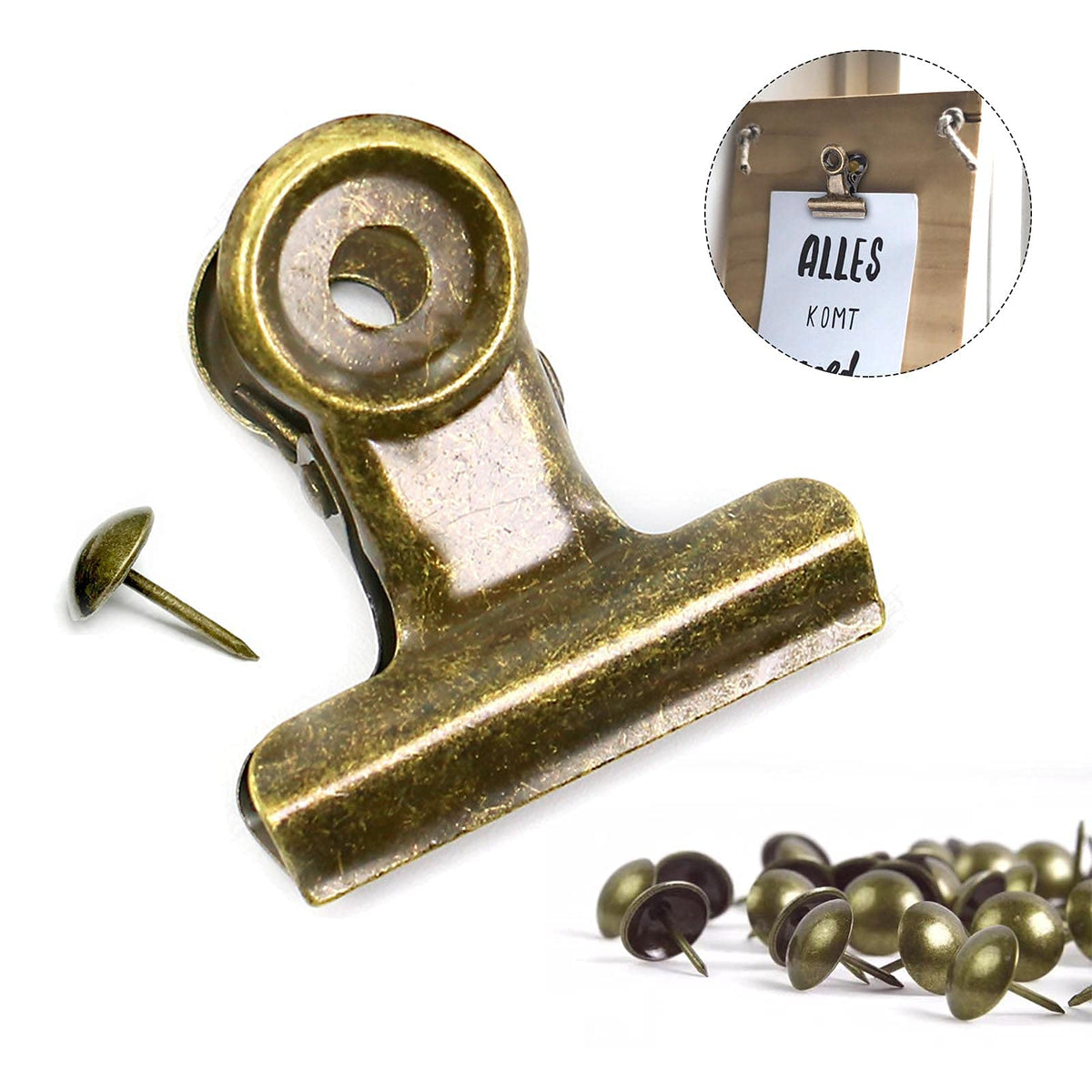 YUCHIYA 20 Pack Metal Clips with 20 Push-pins for Corkboard,Bulldog Clips for Hanging