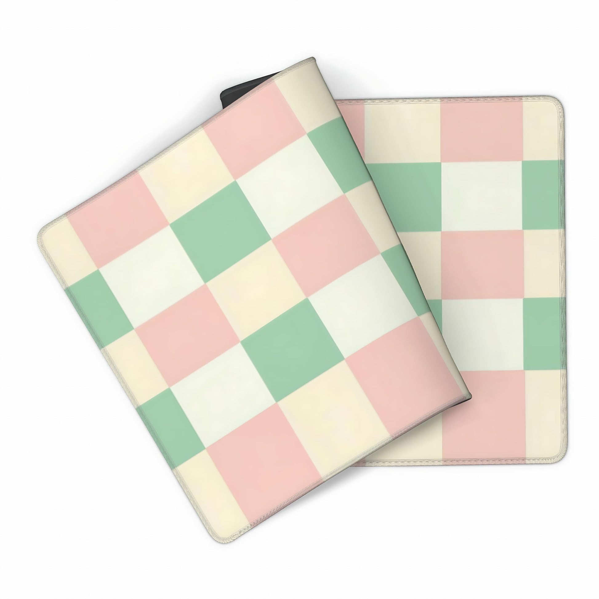 Cute Aesthetic Checkered Gaming Mouse Pad, Pastel Boho Desk Mat with Anti-Slip Base & Stitched