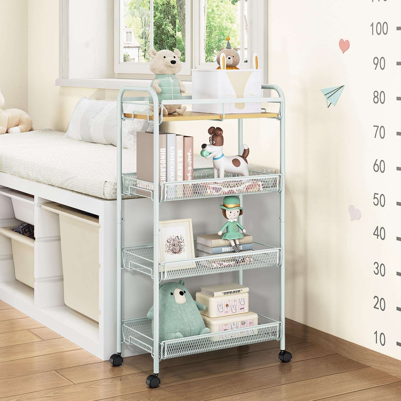 TOOLF 4-Tier Rolling Cart, Metal Utility Cart, Slide Out Storage Cart with Wooden Tabletop and Mesh