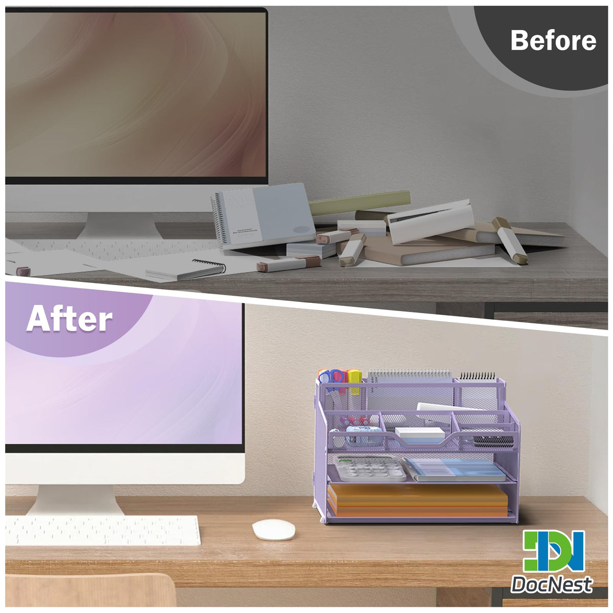 Docnest 3 Tier Mesh Desk Organizer with Letter Tray & Paper Sorter, Purple