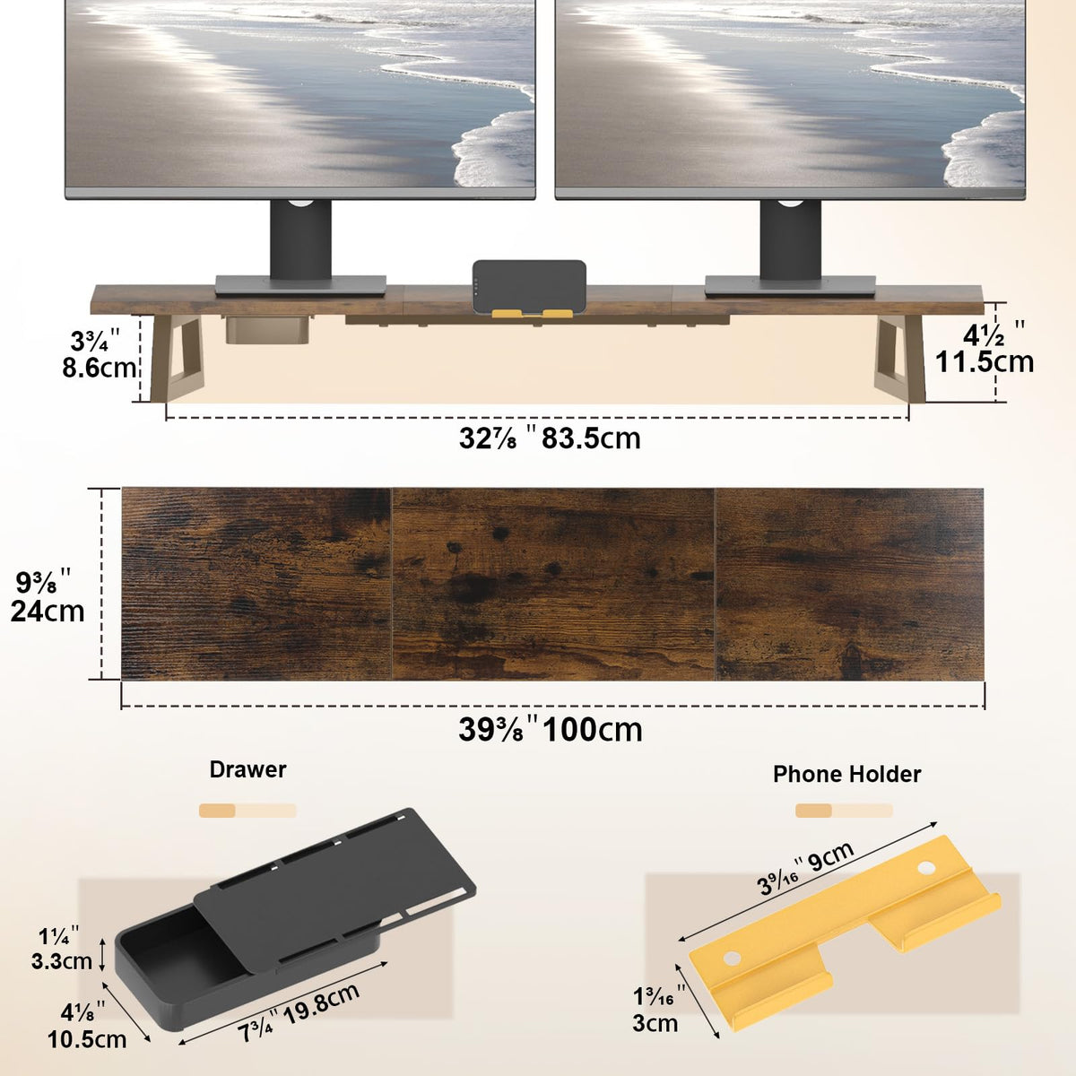 TEAMIX 39.4 inch Dual Monitor Stand Riser with Drawer & Phone Holder, Brown