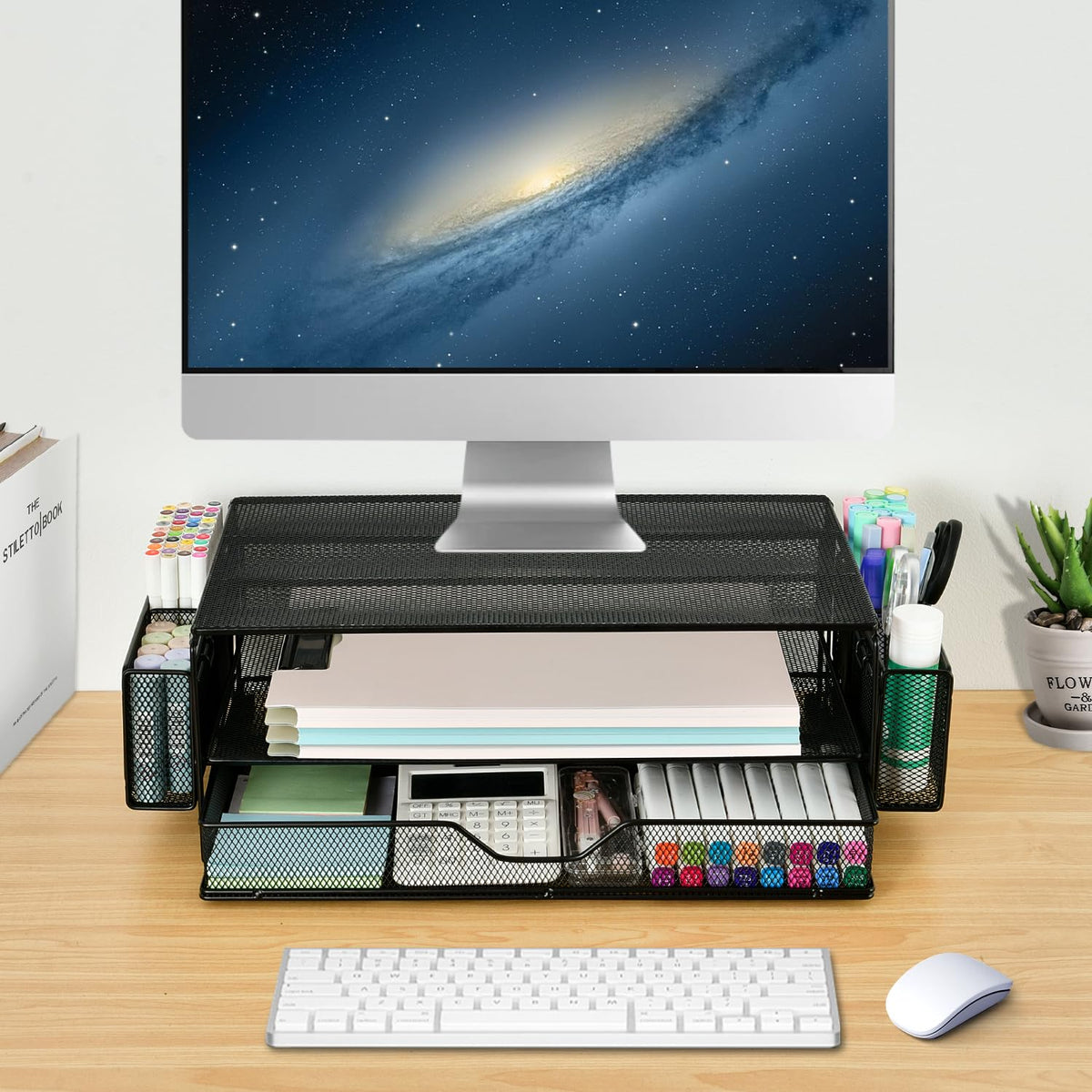 AUPSEN 2 Tier Computer Monitor Stands with Drawer and 2 Pencil Holder, Metal Monitor Stand Monitor