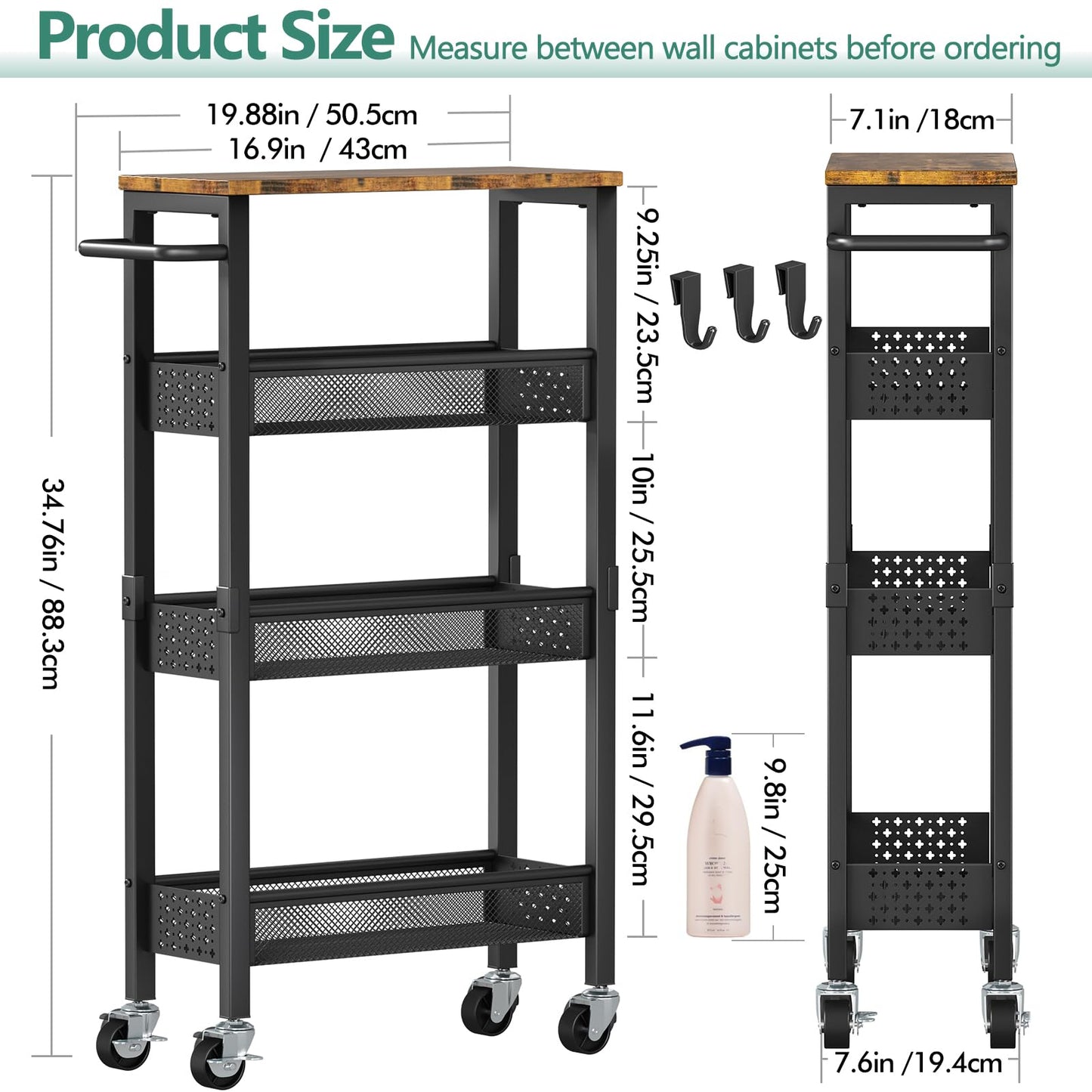 Vivihomety 4-Tier Slim Utility Rolling Laundry Cart with Wheels, Metal