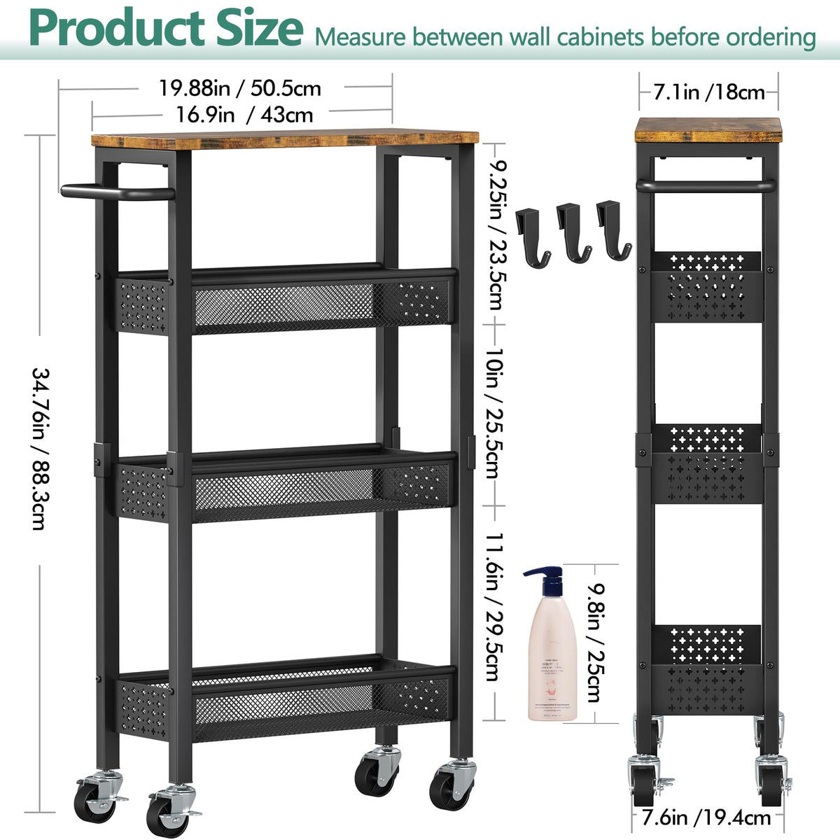 Vivihomety 4-Tier Slim Utility Rolling Laundry Cart with Wheels, Metal