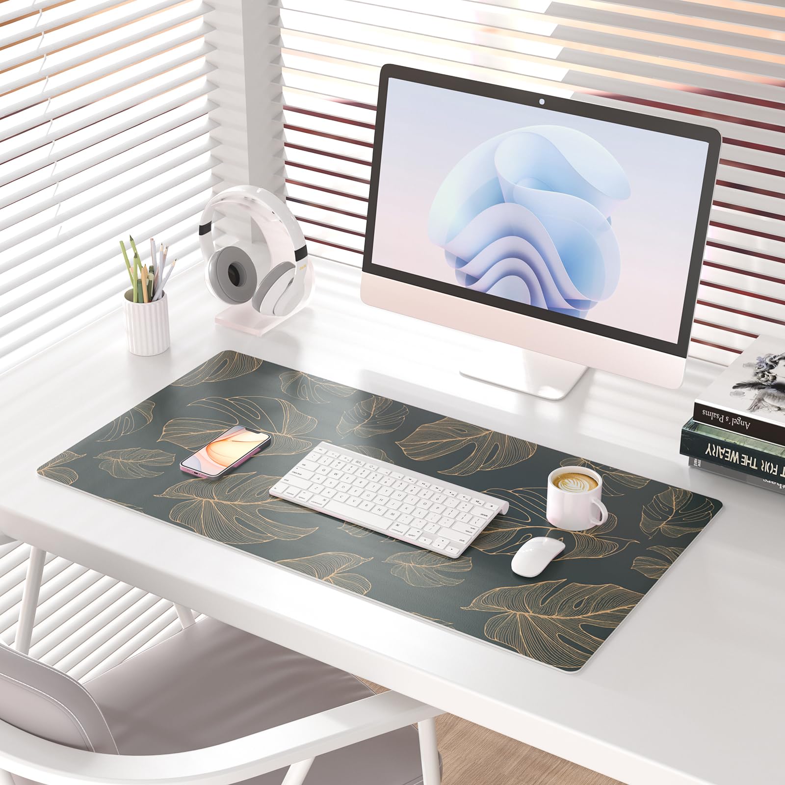 Colorful Star Monstera Leaves PU Leather Desk Mat, 31.5" x 15.7"