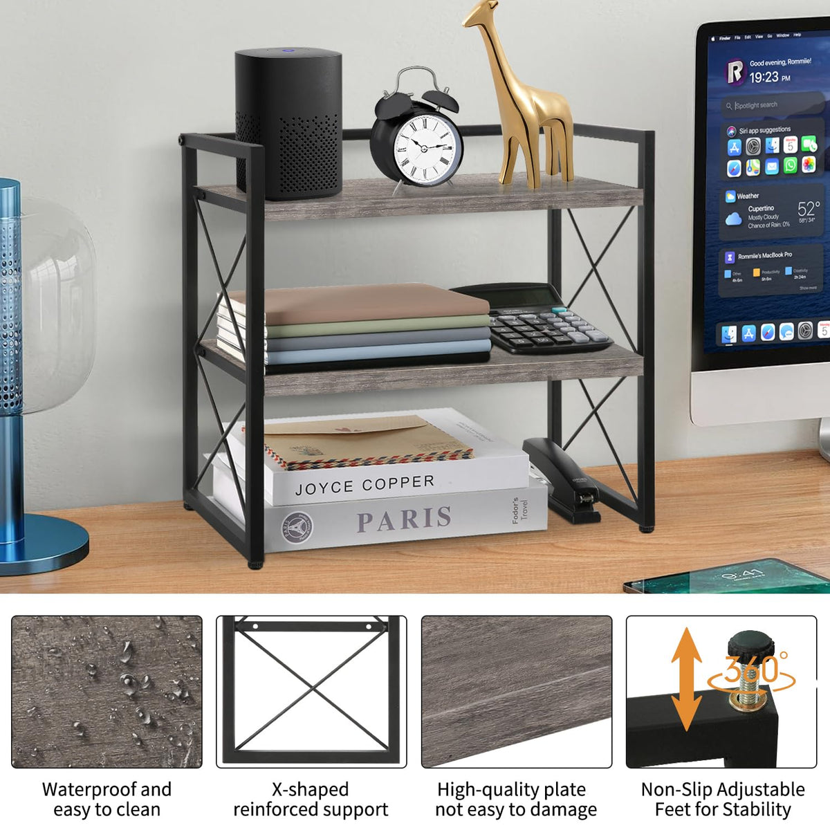 YINMIT Desktop Shelf Organizer, 2 Tier Office Shelves, Wood Desk Organizer Storage Rack and