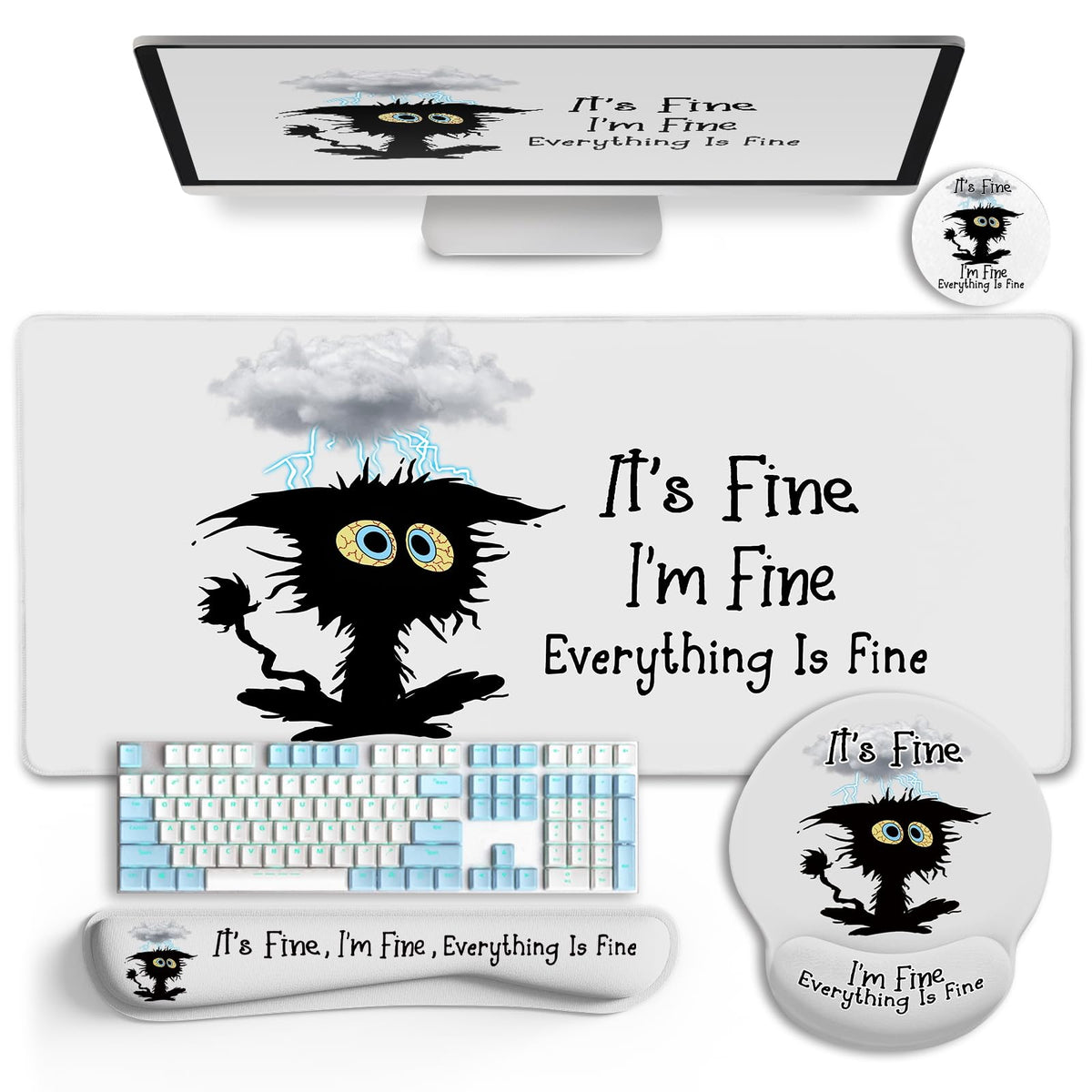 LIMKRIAN Large Gaming Mouse Pad Desk Mat Set, Funny Black Cat Desk Decor