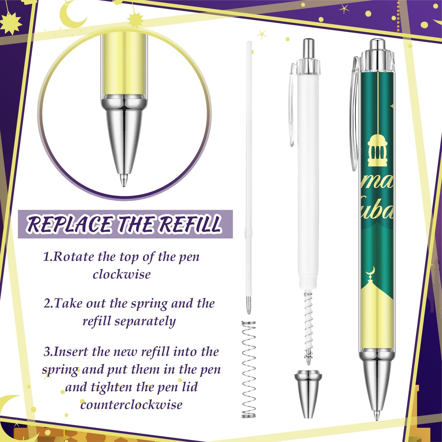 Weekgrat 48 Pcs Eid Mubarak Ballpoint Pens Ramadan Mubarak Party Favor Gifts Black Ink Retractable