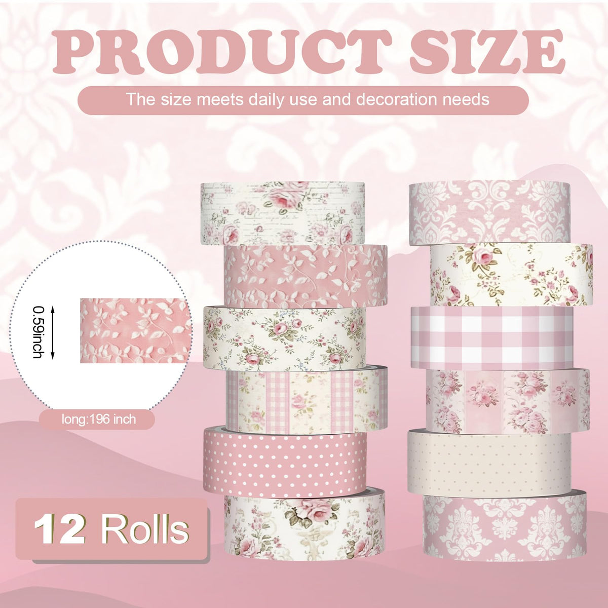 YooNotee 12 Rolls Floral Washi Tape Set,Light Pink,Polka Dots and Floral