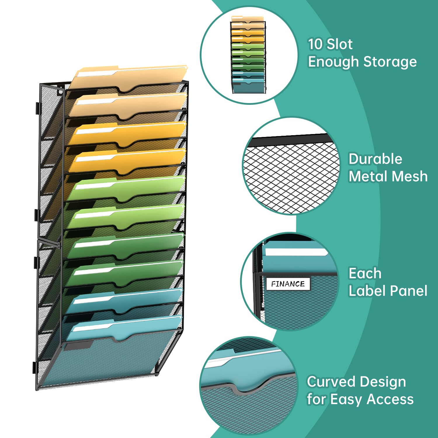 SUPEASY 10 Tier Wall File Organizer, Hanging Wall Mounted Mail Organizer with Label Slots, Metal
