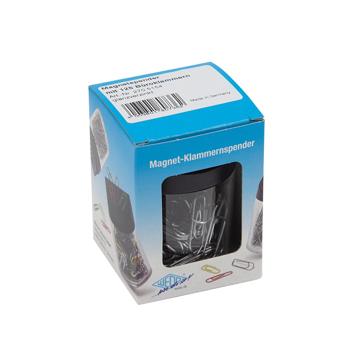 Wedo 2705154 Paper Clip Dispenser with Magnet Round Filled, 125 Paper Clips, Silver/Transparent