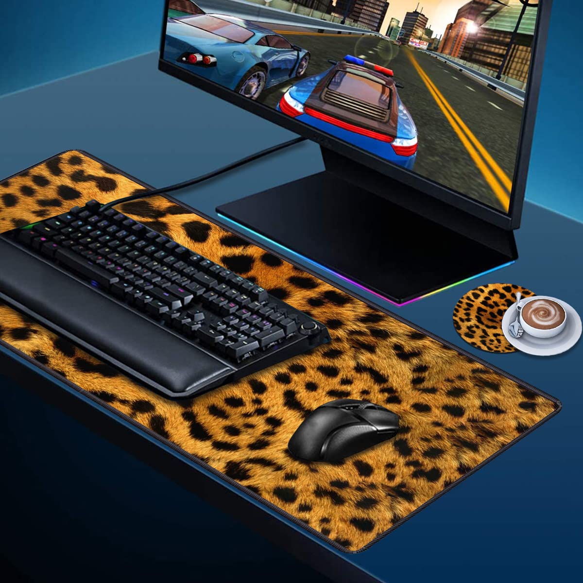 Desk Pad Mat Gaming Mouse Pads with Coasters, 31.5"x 11.8" XXL Large Big Computer Keyboard Mouse