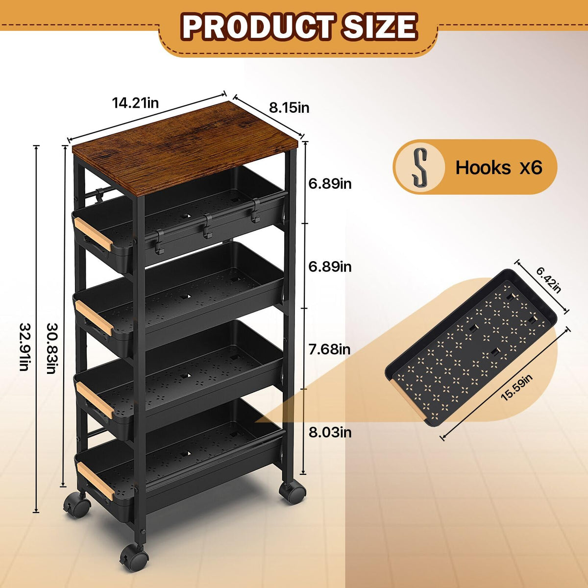 SUNALLY Slim Storage Cart with Wheels, Narrow Kitchen Rolling Cart, Black