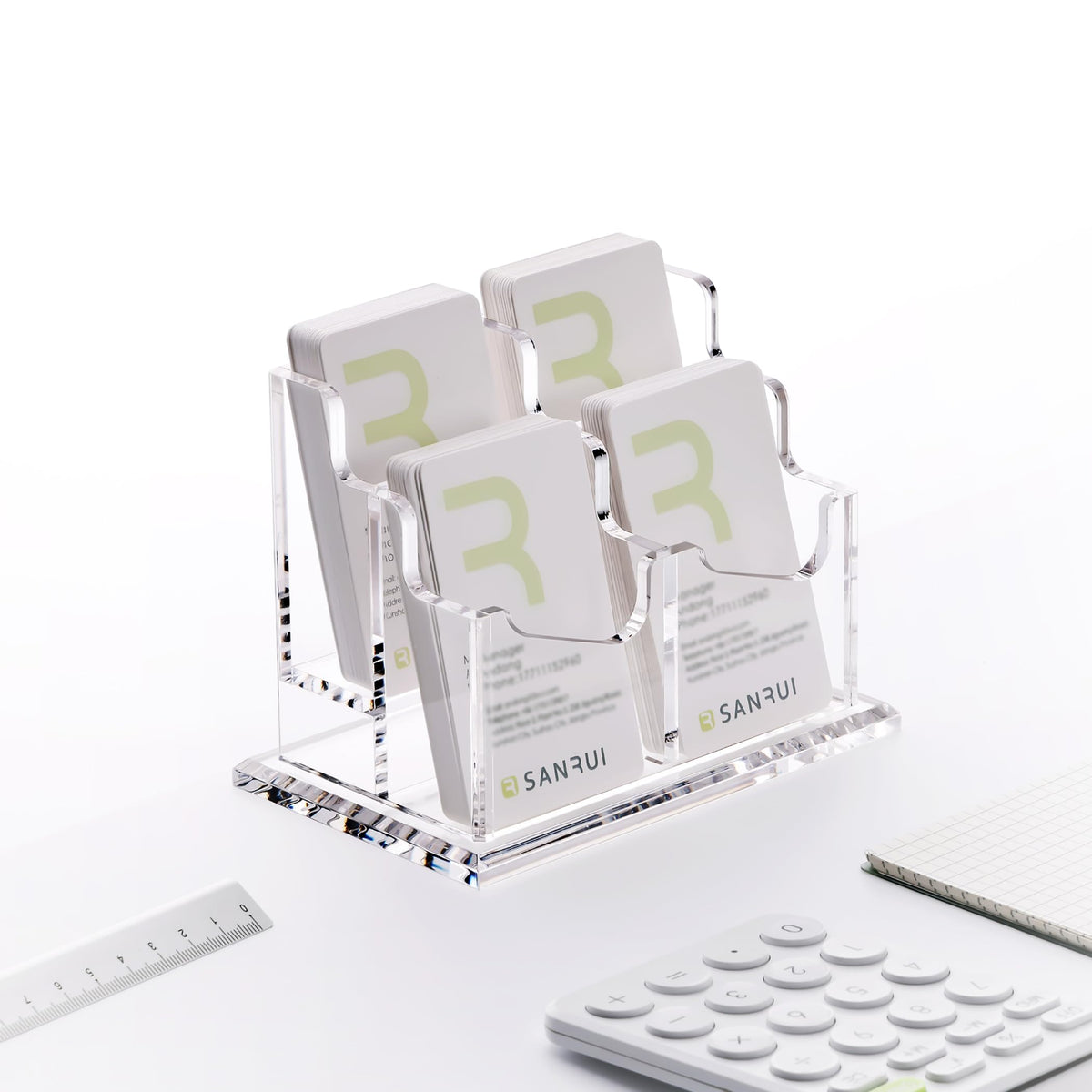 SANRUI Clear Acrylic Desk Business Card Holder, 4 Slots Vertical Display