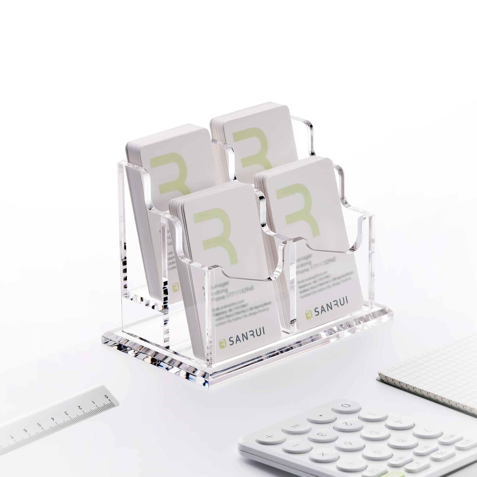 SANRUI Clear Acrylic Desk Business Card Holder, 4 Slots Vertical Display