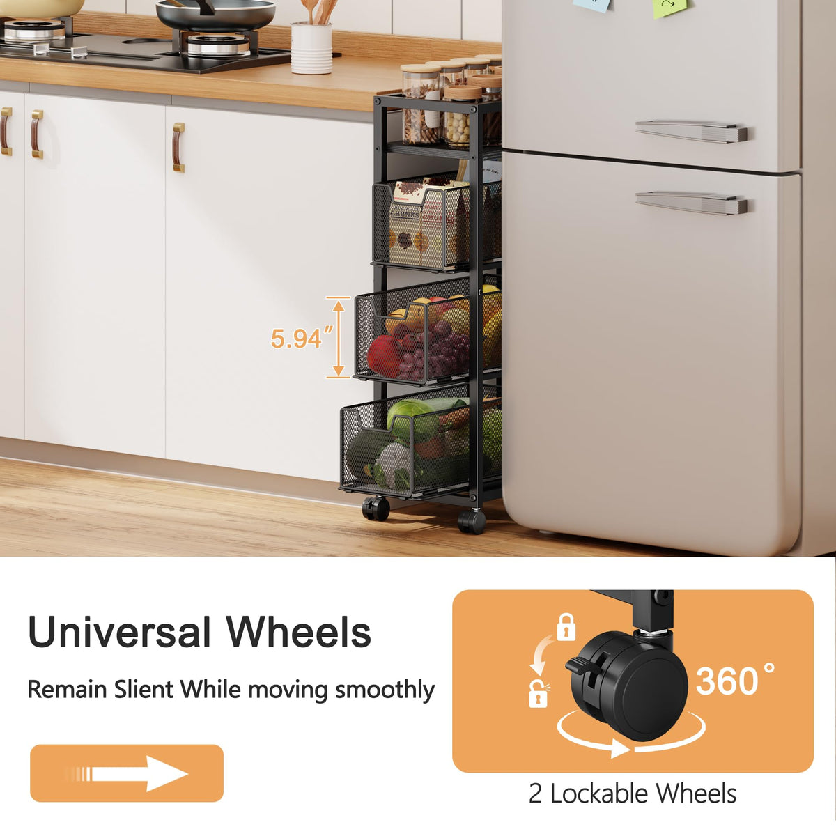 4 Tier Narrow Kitchen Rolling Cart, 9.1" Wide Slim Kitchen Storage Cart with Pull-Out Baskets